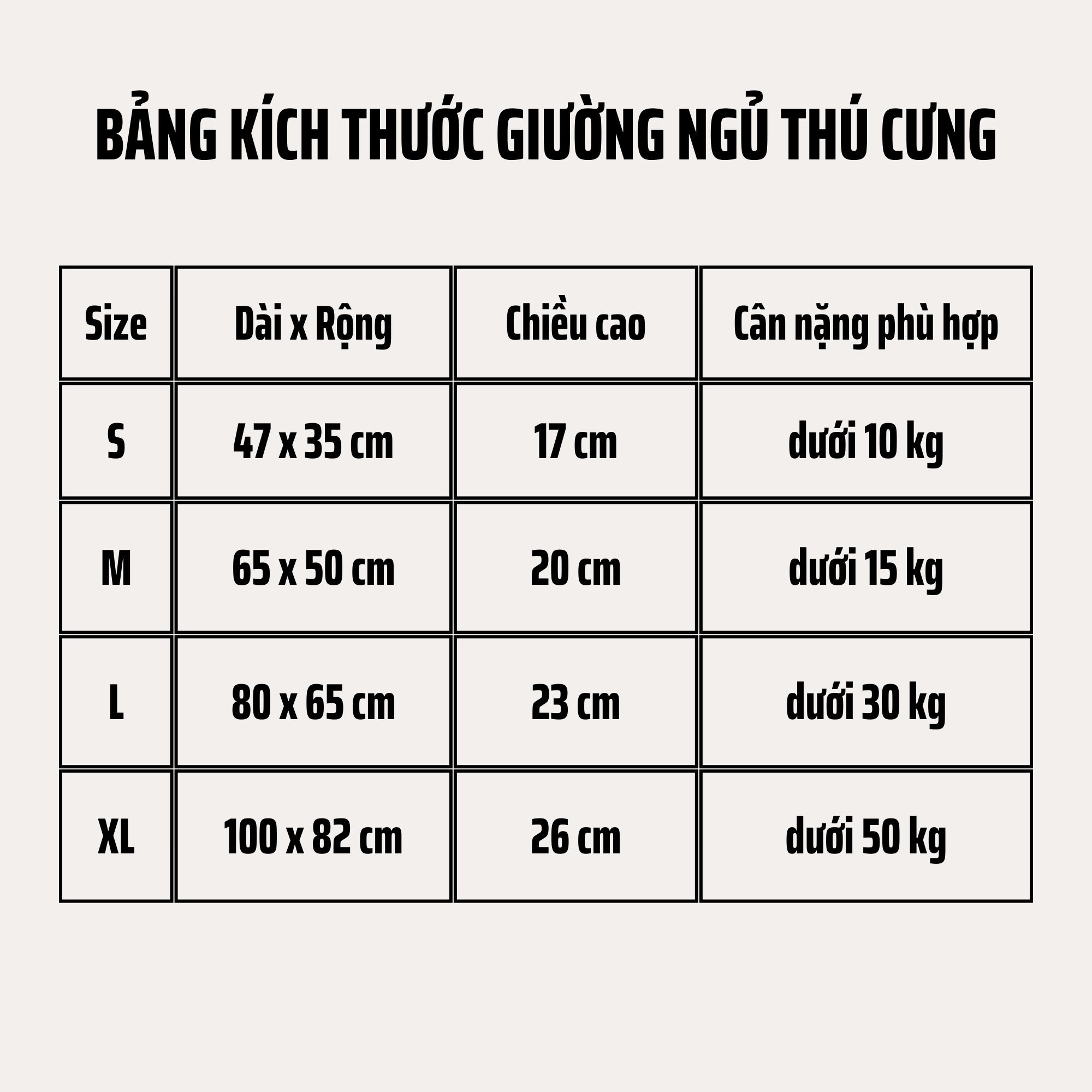 Bảng size ổ nằm chó mèo PET FAMILY