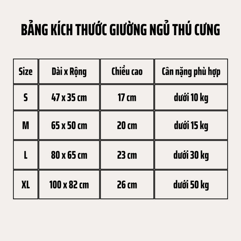 Bảng size ổ nằm chó mèo PET FAMILY