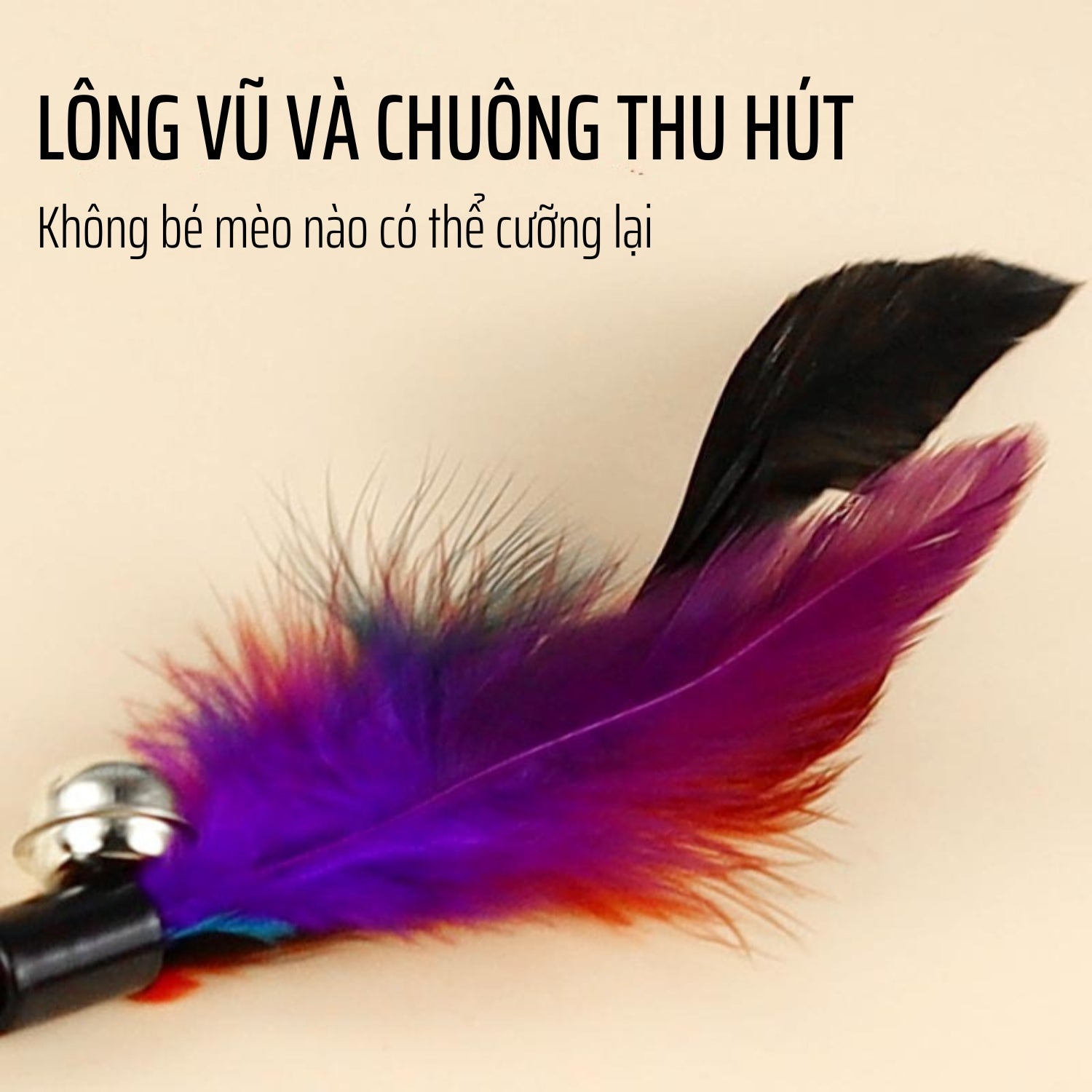 Cận cảnh sản phẩm cần câu trêu mèo có lông vũ và chuông