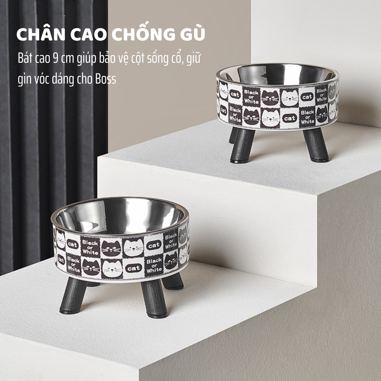 Bát ăn cho mèo có chân cao chống gù, hạn chế mèo phải cúi sâu