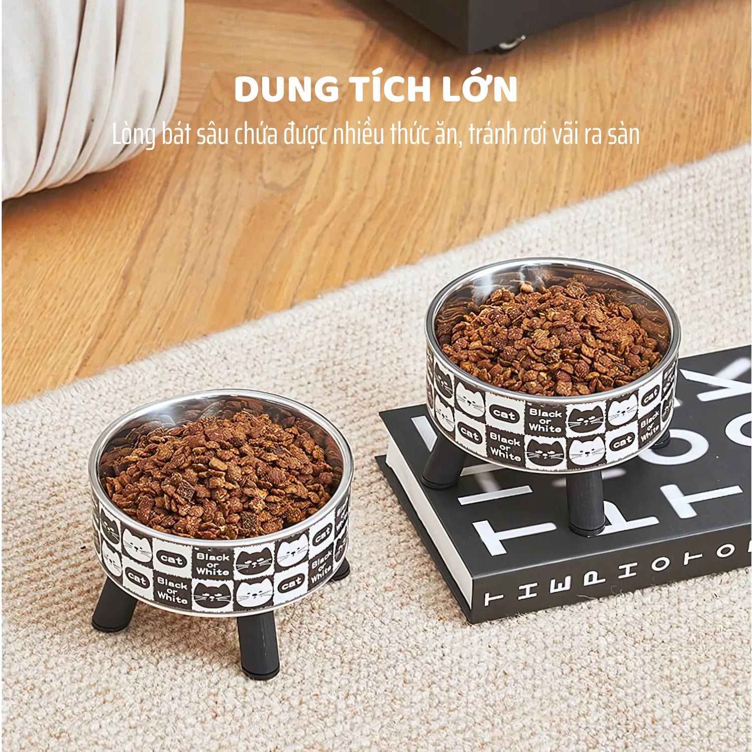 Dung tích bát lớn, chứa được nhiều thức ăn và nước uống