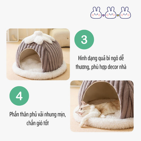 Phần thân ổ cho mèo phủ vải nhung mịn, chắn gió