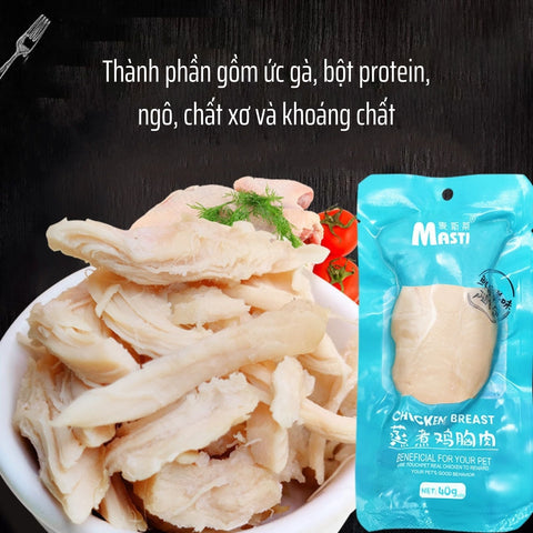 Ức gà hấp Masti cho mèo gồm ức gà, bột protein, chất xơ và chất béo