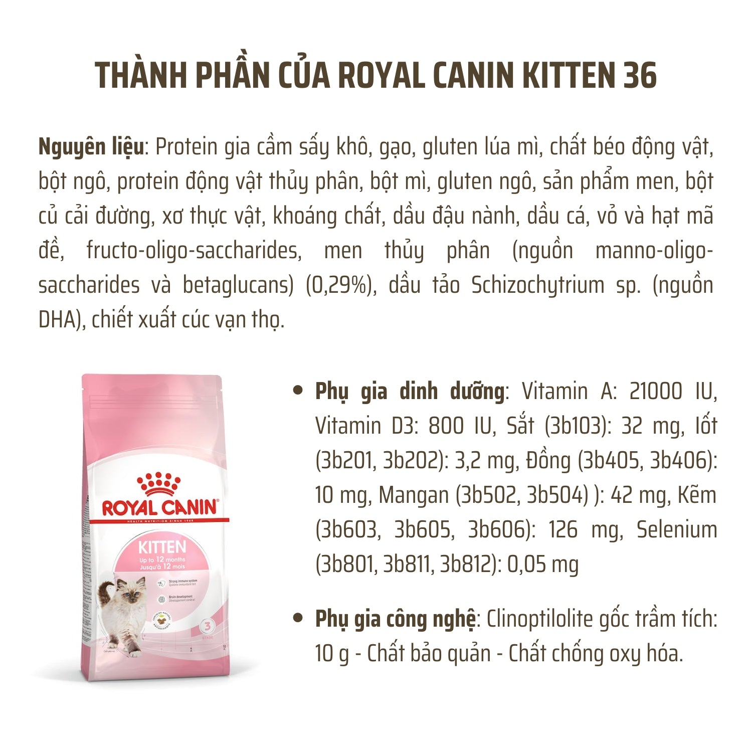 Thành phần dinh dưỡng của thức ăn hạt Royal Canin Kitten 36 cho mèo con