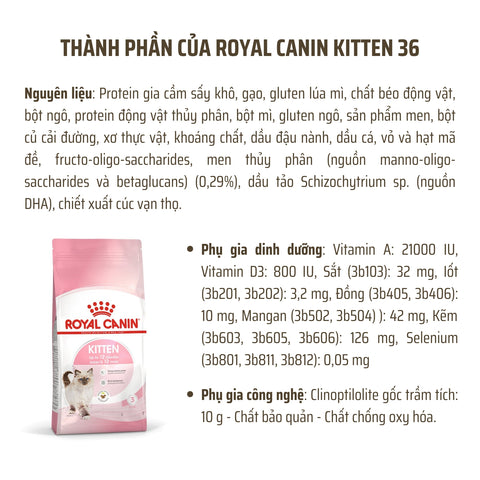 Thành phần dinh dưỡng của thức ăn hạt Royal Canin Kitten 36 cho mèo con