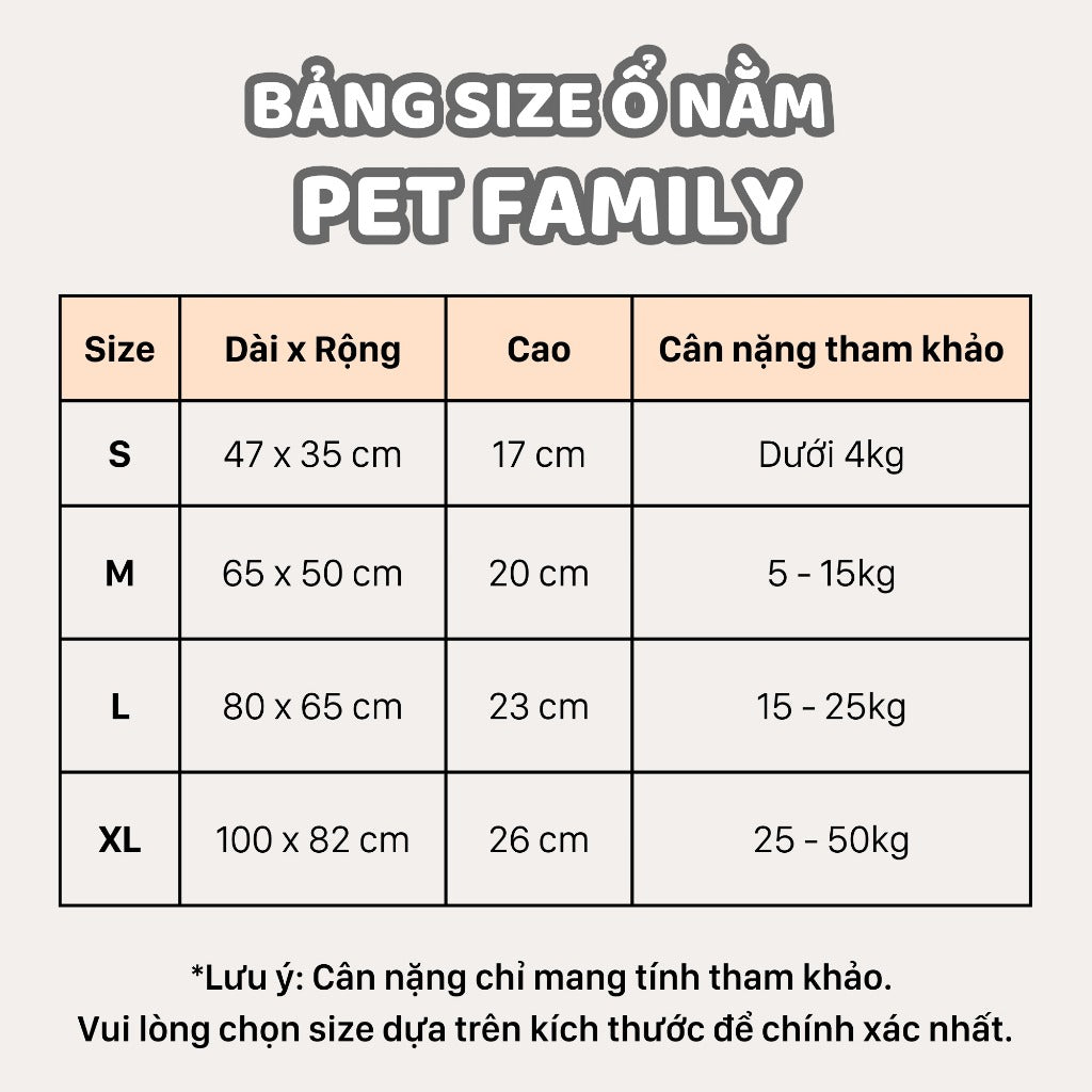 bảng size ổ nằm cho chó mèo pet family
