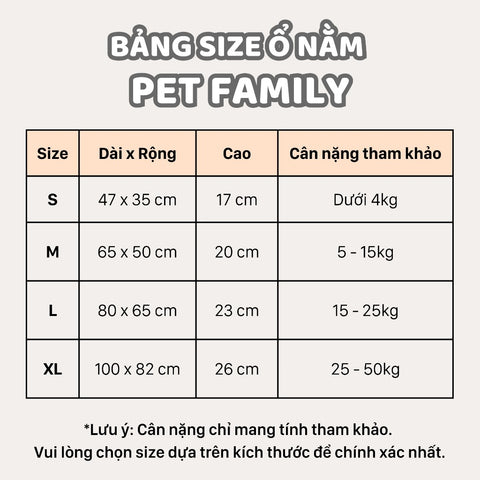 bảng size ổ nằm cho chó mèo pet family